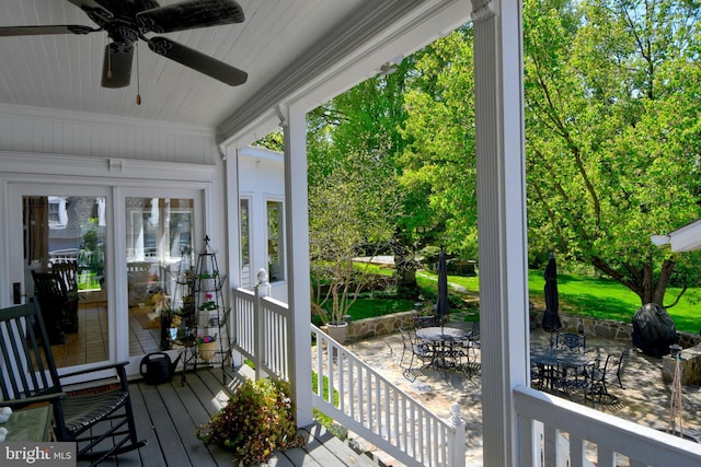 3634 Chain Bridge Rd, Fairfax, VA 22030 - wooden terrace featuring ceiling fan and outdoor dining area