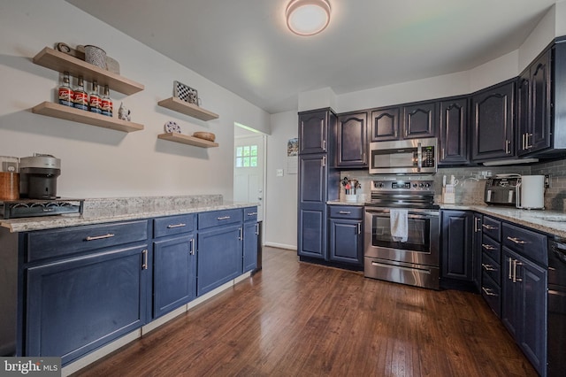 2811 Green St, Claymont, DE 19703 - kitchen with stainless steel appliances, dark wood-style floors, blue cabinets, tasteful backsplash, and open shelves
