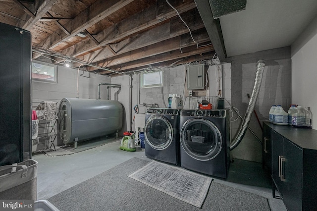 2811 Green St, Claymont, DE 19703 - laundry area with heating fuel, washing machine and clothes dryer, electric panel, and cabinet space