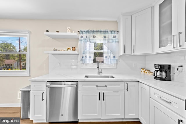 510 Sutherland Rd, Ewing, NJ 08618 - kitchen with dishwasher, tasteful backsplash, white cabinetry, and light stone counters