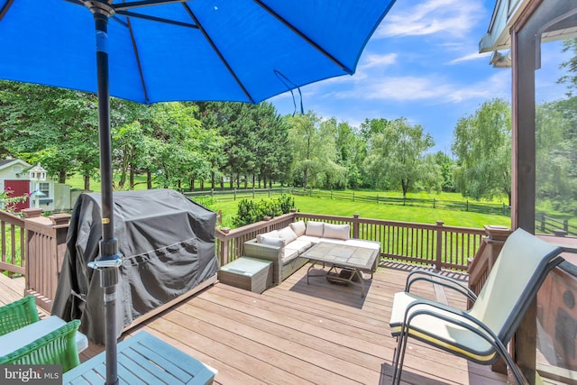 5 Yarmouth Ln, Downingtown, PA 19335 - wooden terrace with a fenced backyard, outdoor lounge area, and view of scattered trees