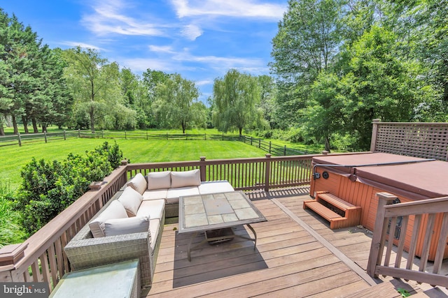 5 Yarmouth Ln, Downingtown, PA 19335 - wooden terrace featuring a hot tub, a fenced backyard, an outdoor living space, view of wooded area, and a rural view
