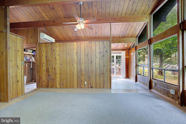 638 Los Alamos Ln, Lusby, MD 20657 - unfurnished room featuring a wall unit AC, wood ceiling, wood walls, and ceiling fan