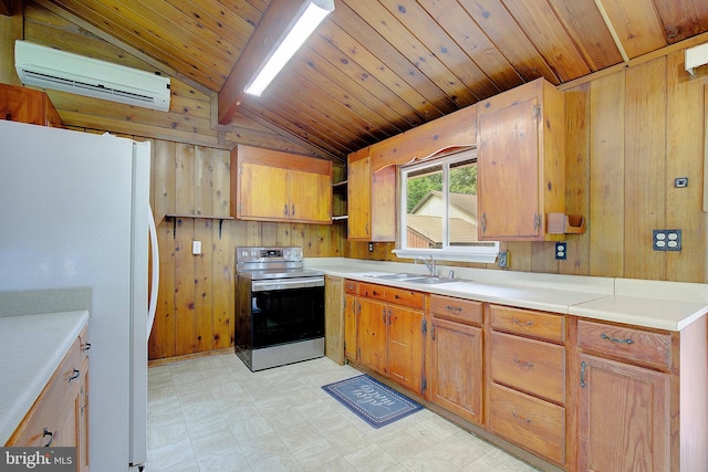 638 Los Alamos Ln, Lusby, MD 20657 - kitchen featuring electric stove, freestanding refrigerator, lofted ceiling, wooden walls, and a wall mounted air conditioner