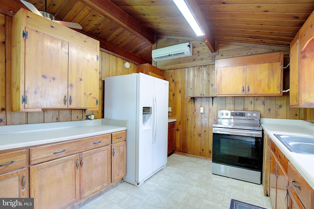 638 Los Alamos Ln, Lusby, MD 20657 - kitchen with stainless steel electric stove, white fridge with ice dispenser, a wall unit AC, wooden walls, and light floors