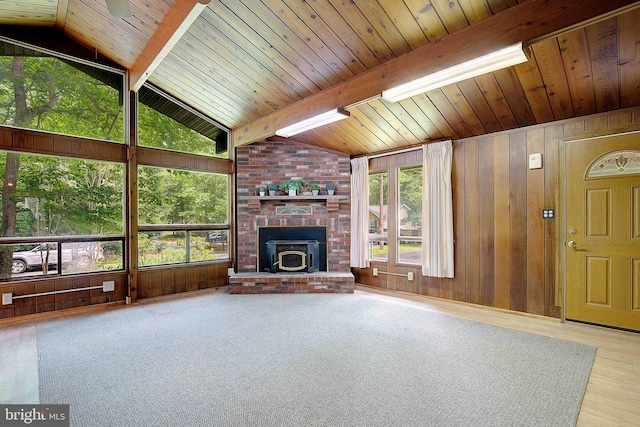 638 Los Alamos Ln, Lusby, MD 20657 - unfurnished living room with wooden walls, wood finished floors, and wood ceiling
