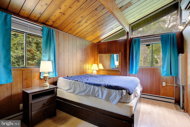 638 Los Alamos Ln, Lusby, MD 20657 - bedroom featuring a baseboard heating unit, wooden walls, wooden ceiling, wood finished floors, and vaulted ceiling