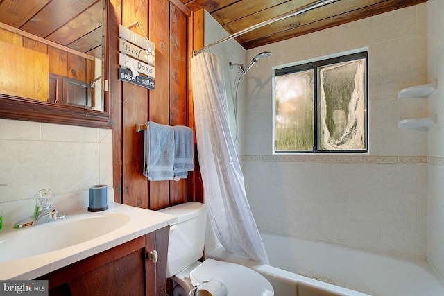 638 Los Alamos Ln, Lusby, MD 20657 - bathroom with vanity, shower / tub combo, and wooden walls