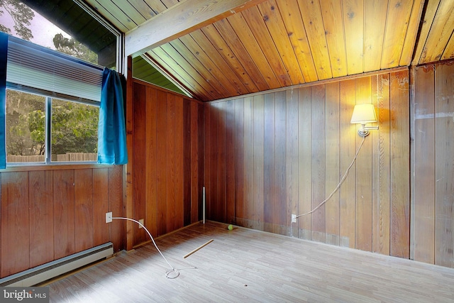 638 Los Alamos Ln, Lusby, MD 20657 - spare room with baseboard heating, wood finished floors, wooden walls, wooden ceiling, and healthy amount of natural light