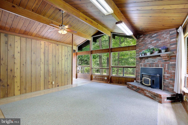 638 Los Alamos Ln, Lusby, MD 20657 - unfurnished living room featuring a wood stove, wood walls, ceiling fan, and wooden ceiling
