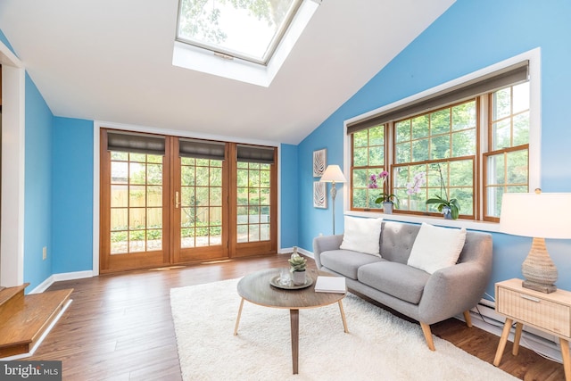 559 Maple Ave, Doylestown, PA 18901 - living room with vaulted ceiling, a skylight, wood finished floors, and plenty of natural light