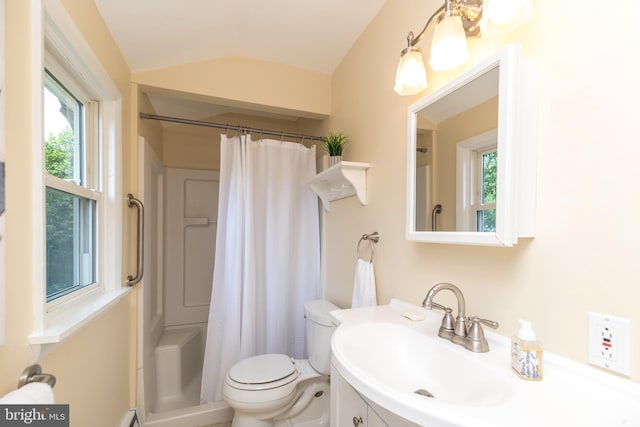 559 Maple Ave, Doylestown, PA 18901 - bathroom featuring healthy amount of natural light, lofted ceiling, vanity, and a shower with shower curtain