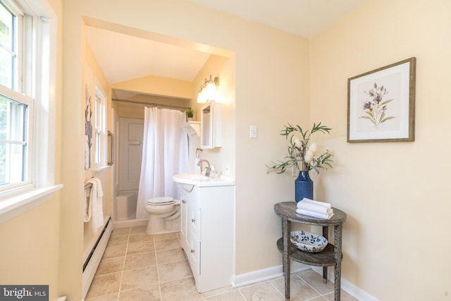 559 Maple Ave, Doylestown, PA 18901 - bathroom with a baseboard heating unit, vanity, plenty of natural light, shower / bathtub combination with curtain, and vaulted ceiling