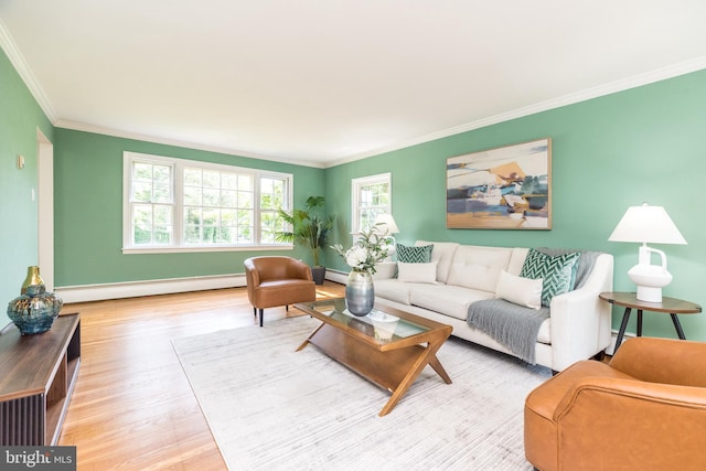 559 Maple Ave, Doylestown, PA 18901 - living area featuring a baseboard heating unit, ornamental molding, and wood finished floors