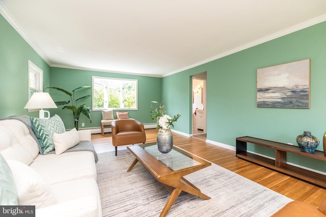 559 Maple Ave, Doylestown, PA 18901 - living room with crown molding, wood finished floors, and a baseboard heating unit