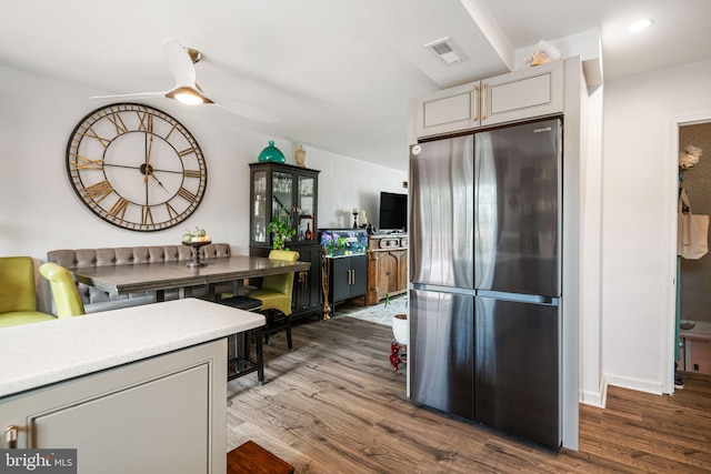 4130 Merrick St, Philadelphia, PA 19128 - kitchen with freestanding refrigerator, dark wood finished floors, ceiling fan, and light countertops