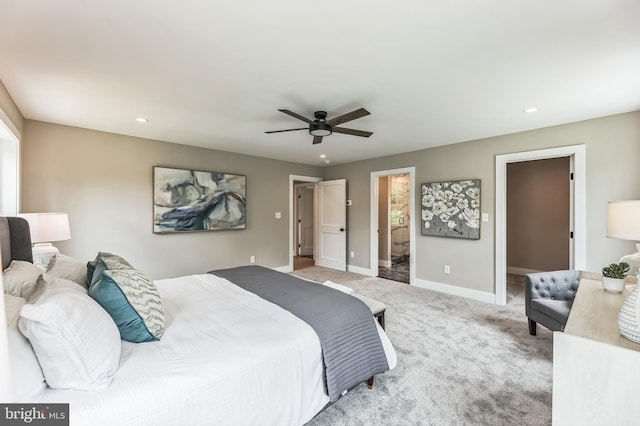 45 Orchard Ln, Berwyn, PA 19312 - bedroom featuring light colored carpet, recessed lighting, ceiling fan, and connected bathroom