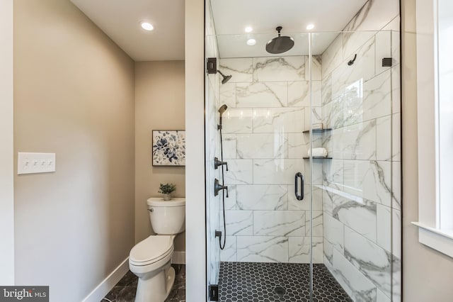45 Orchard Ln, Berwyn, PA 19312 - bathroom featuring marble look tiles, a stall shower, and recessed lighting