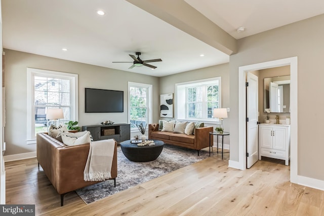 45 Orchard Ln, Berwyn, PA 19312 - living room featuring light wood-type flooring, ceiling fan, and recessed lighting
