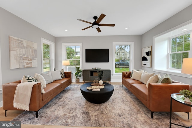 45 Orchard Ln, Berwyn, PA 19312 - living area with healthy amount of natural light, a ceiling fan, wood finished floors, and recessed lighting