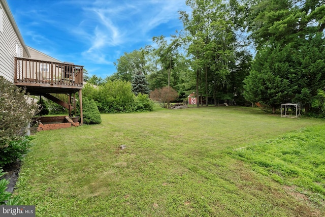 709 Parmentier Rd, Warminster, PA 18974 - view of green lawn with a storage shed and a wooden deck
