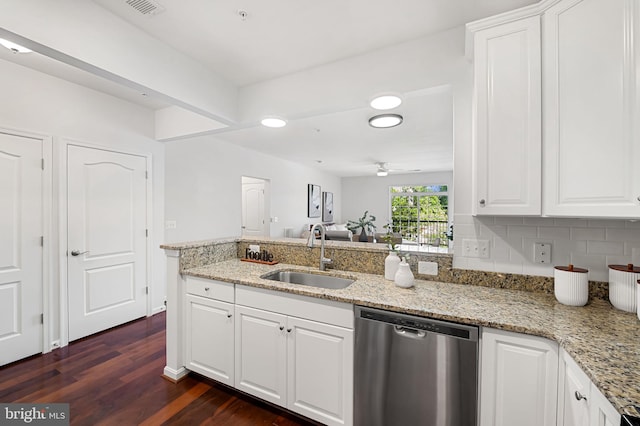 625 Quarry View Ct Unit 208, Reisterstown, MD 21136 - kitchen with stainless steel dishwasher, dark wood-type flooring, a peninsula, white cabinetry, and recessed lighting