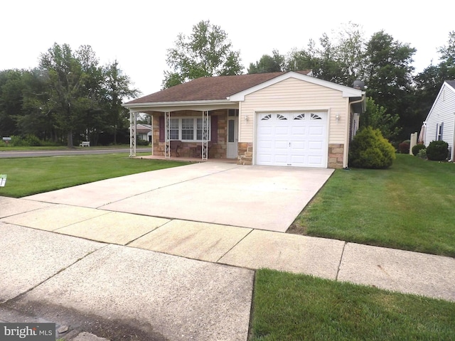 1 Sheffield Pl, Southampton, NJ 08088 - ranch-style house featuring a porch, a front lawn, a garage, and stone siding