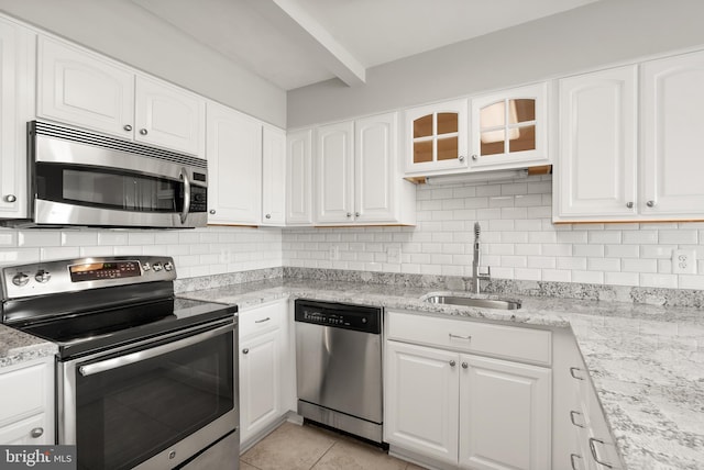 13619 Flintwood Pl, Herndon, VA 20171 - kitchen with stainless steel appliances, tasteful backsplash, white cabinetry, and beamed ceiling
