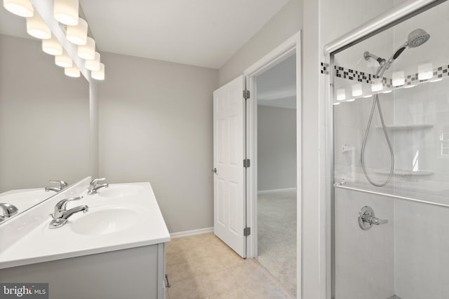 13619 Flintwood Pl, Herndon, VA 20171 - bathroom with a shower stall, double vanity, and tile patterned floors