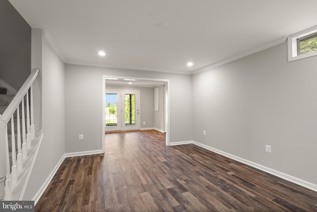 13619 Flintwood Pl, Herndon, VA 20171 - spare room featuring dark wood-style flooring, stairs, recessed lighting, and crown molding