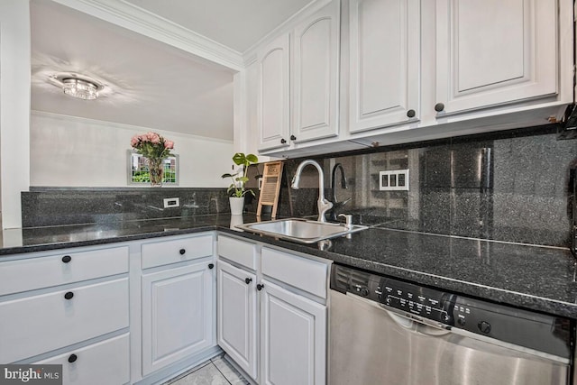 349 Homeland Southway Unit 1A, Baltimore, MD 21212 - kitchen featuring dishwasher, white cabinetry, backsplash, dark stone counters, and crown molding