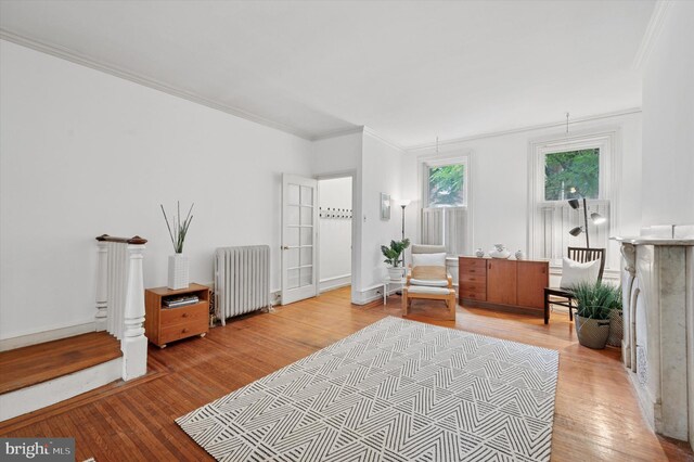 2205 Pine St, Philadelphia, PA 19103 - living area featuring radiator, crown molding, and light wood-style flooring
