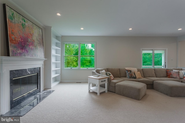 12 Dalton Way, Holland, PA 18966 - living area with built in features, recessed lighting, carpet, and a fireplace
