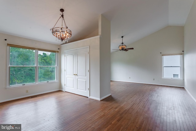 12 Dalton Way, Holland, PA 18966 - unfurnished room with vaulted ceiling, a chandelier, hardwood / wood-style flooring, and a ceiling fan