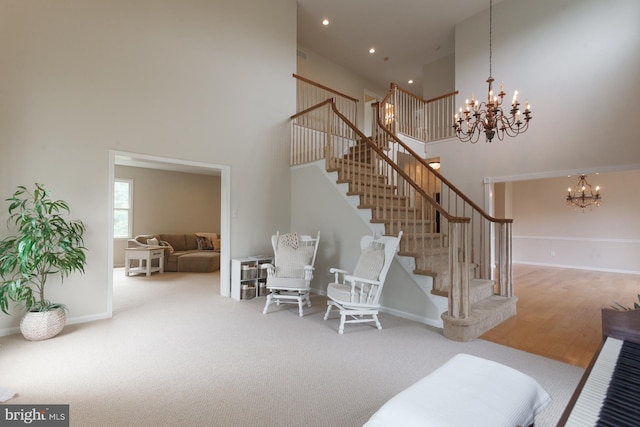 12 Dalton Way, Holland, PA 18966 - carpeted living area featuring a chandelier, a towering ceiling, stairway, and recessed lighting