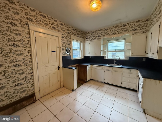 77 Spring St, Beaver Springs, PA 17812 - kitchen with white dishwasher, wallpapered walls, plenty of natural light, and dark countertops
