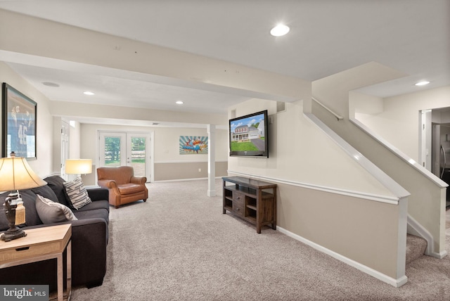 10207 Daylily Ct, Manassas, VA 20110 - living room with carpet floors, stairs, and recessed lighting