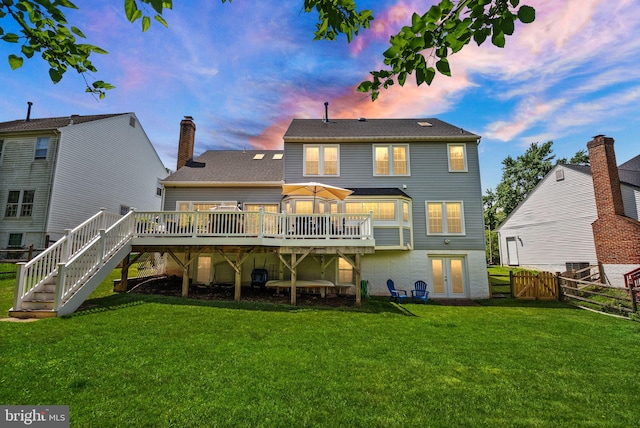 10207 Daylily Ct, Manassas, VA 20110 - rear view of house with french doors, a deck, stairs, and a chimney