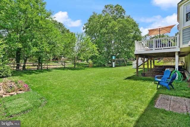 10207 Daylily Ct, Manassas, VA 20110 - fenced backyard featuring a playground and a wooden deck