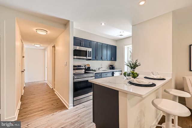 108 W Barre St Unit R 48, Baltimore, MD 21201 - kitchen featuring appliances with stainless steel finishes, a breakfast bar area, light wood finished floors, blue cabinets, and a peninsula