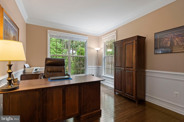 5696 Liberty Manor Cir, Woodbridge, VA 22193 - home office with crown molding, a wainscoted wall, and dark wood-style flooring