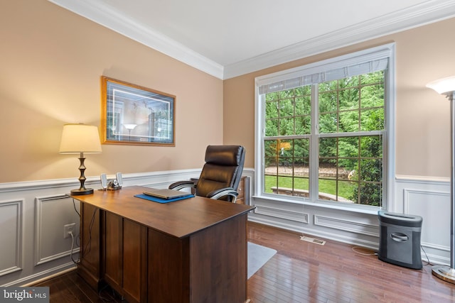 5696 Liberty Manor Cir, Woodbridge, VA 22193 - office with wainscoting, crown molding, a decorative wall, and dark wood-type flooring