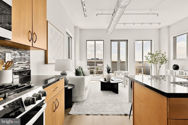 301 Massachusetts Ave NW Unit 1103, Washington, DC 20001 - kitchen featuring rail lighting, light wood-style flooring, backsplash, stainless steel range with gas stovetop, and open floor plan