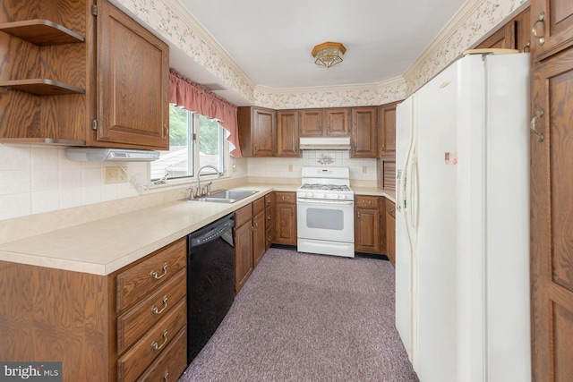 19 Timber Creek Rd, Stratford, NJ 08084 - kitchen featuring white appliances, open shelves, under cabinet range hood, brown cabinetry, and ornamental molding