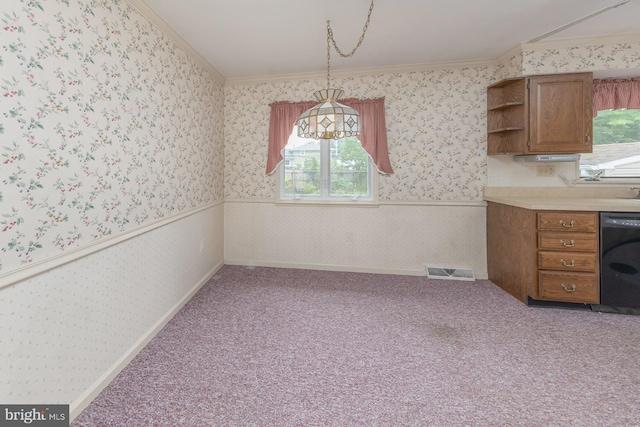 19 Timber Creek Rd, Stratford, NJ 08084 - unfurnished dining area featuring washer / clothes dryer, ornamental molding, wallpapered walls, and carpet floors