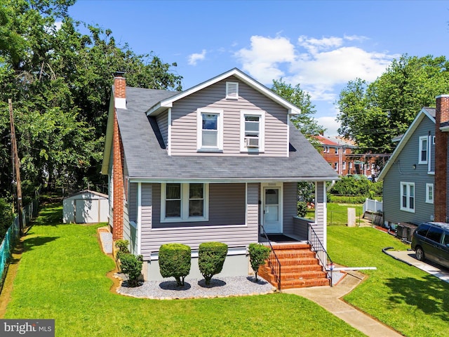 5000 Levindale Rd, Baltimore, MD 21215 - bungalow-style house featuring a storage unit, a porch, a chimney, and roof with shingles