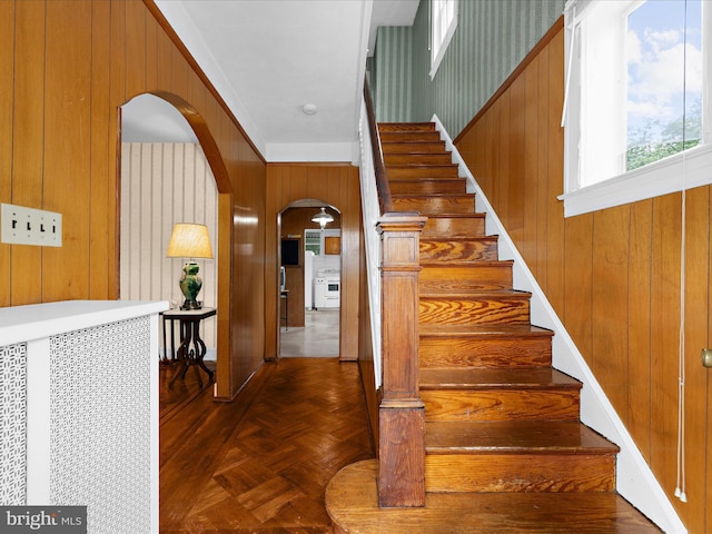 5000 Levindale Rd, Baltimore, MD 21215 - staircase with arched walkways and wood walls