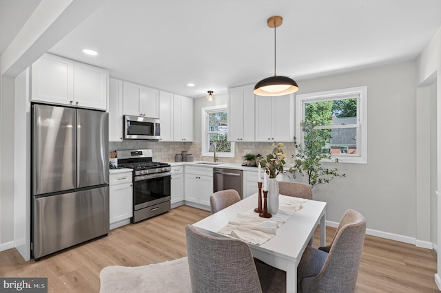 3803 Kayson St, Silver Spring, MD 20906 - kitchen with appliances with stainless steel finishes, tasteful backsplash, white cabinets, light wood-style floors, and recessed lighting