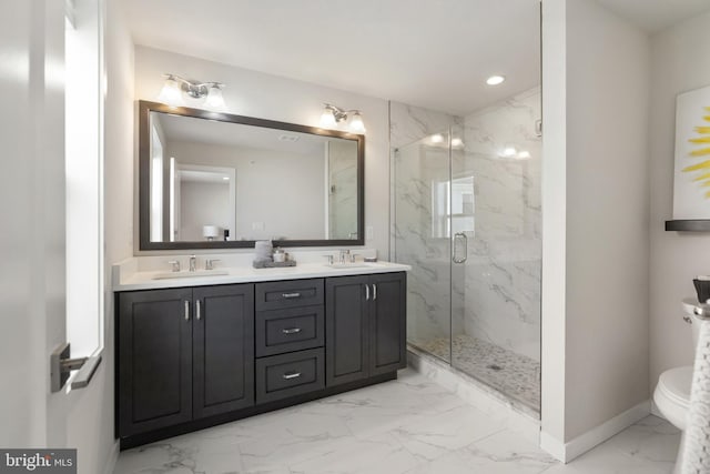 324 Star Tavern Ln, West Chester, PA 19382 - bathroom with marble look tiles, a marble finish shower, double vanity, and recessed lighting
