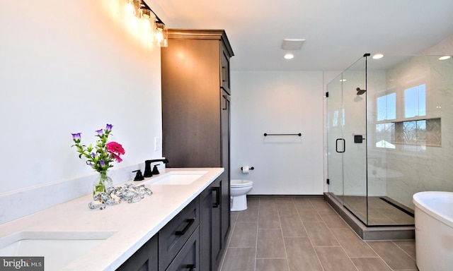 000 Lenape Dr, Lansdale, PA 19446 - bathroom featuring a shower stall, double vanity, tile patterned floors, recessed lighting, and a soaking tub